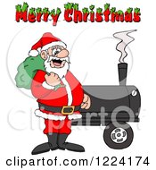 Poster, Art Print Of Merry Christmas Greeting Over Santa By A Bbq Smoker