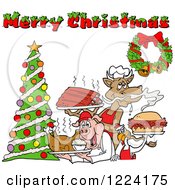 Merry Christmas Greeting Over A Cow Holding Ribs Chicken Carrying A Pulled Pork Sandwich And Pig Carrying A Roasted Chicken