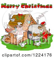Poster, Art Print Of Merry Christmas Greeting Over Chickens A Cow And Pig Using A Smoker At A Bbq Shack