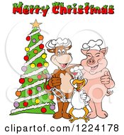 Merry Christmas Greeting Over A Chef Cow Pig And Chicken By A Tree