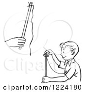 Clipart Of A Black And White Happy Retro Boy Magician Performing A Rising Ring Trick Royalty Free Vector Illustration