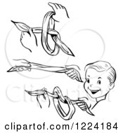 Clipart Of Steps Of A Retro Boy Performing A Vanishing Knot Magic Trick Royalty Free Vector Illustration