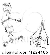 Clipart Of A Black And White Happy Retro Boy Performing Steps Of A Buttonhole Roll Magic Trick Royalty Free Vector Illustration
