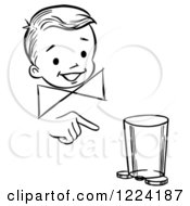 Black And White Happy Retro Boy Performing A Moving Coin And Cup Magic Trick