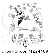 Black And White Happy Retro Magician Boy With A Mustache And Wand