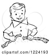 Clipart Of A Black And White Happy Retro Boy Performing A Super Man Napkin Breaking Magic Trick Royalty Free Vector Illustration