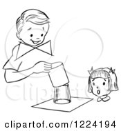 Clipart Of A Black And White Girl Watching A Boy Perform A Magic Glass Magic Trick Royalty Free Vector Illustration