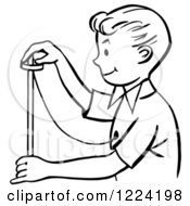 Clipart Of A Black And White Happy Retro Magician Boy Performing A Rising Ring Trick Royalty Free Vector Illustration