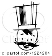 Clipart Of A Black And White Happy Retro Boy With A Mustache And Top Hat Royalty Free Vector Illustration
