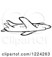 Clipart Of A Black And White Flying Airplane Royalty Free Vector Illustration