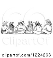 Clipart Of A Black And White Rear View Of Cowboys Sitting Royalty Free Vector Illustration