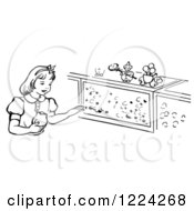 Clipart Of A Black And White Retro Girl In A Candy Shop Royalty Free Vector Illustration