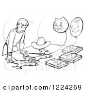 Clipart Of A Black And White Retro Boy Playing With Planes Books And Balloons Royalty Free Vector Illustration