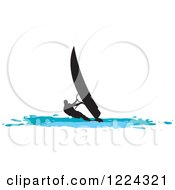 Clipart Of A Silhouetted Windsurfer On Blue Water Royalty Free Vector Illustration