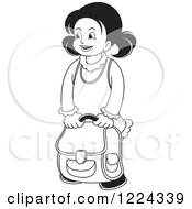 Clipart Of A Black And White School Girl With A Backpack Royalty Free Vector Illustration