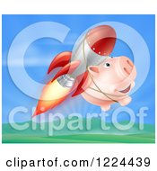 Poster, Art Print Of Happy Pig Flying With A Rocket Over A Valley
