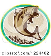 Clipart Of A Leaping Brown Largemouth Bass Fish Over An Oval Of Mountains And Rays Royalty Free Vector Illustration by patrimonio