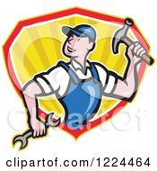 Cartoon Builder Man With A Hammer And Wrench In A Shield Of Rays