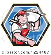 Clipart Of A Cartoon Flour Miller Worker Carrying A Sack Over His Shoulder In A Blue Hexagon Royalty Free Vector Illustration