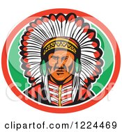 Poster, Art Print Of Native American Indian Chief With A Feather Headdress In A Green And Red Oval
