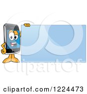 Poster, Art Print Of Smart Phone Mascot Character Standing By A Blue Sign