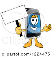 Clipart Of A Smart Phone Mascot Character Holding A Sign Royalty Free Vector Illustration