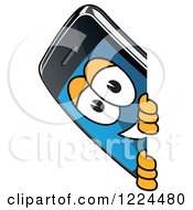 Clipart Of A Smart Phone Mascot Character Looking Around A Sign Royalty Free Vector Illustration