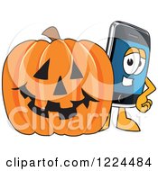 Poster, Art Print Of Smart Phone Mascot Character With A Halloween Pumpkin