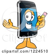 Clipart Of A Smart Phone Mascot Character Holding A Pencil Royalty Free Vector Illustration