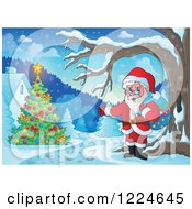 Clipart Of Santa Presenting A Christmas Tree In The Snow Royalty Free Vector Illustration