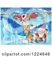 Poster, Art Print Of Santa Waving In His Reindeer Sleigh By A Clothesline And Winter Houses