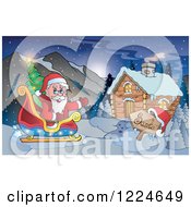 Santa Waving In His Reindeer Sleigh By A Cabin