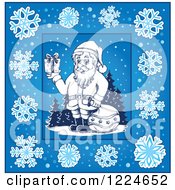 Poster, Art Print Of Santa With A Sack And Christmas Gift In A Blue Frame Of Snowflakes