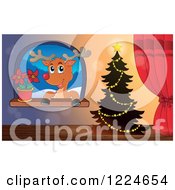 Poster, Art Print Of Christmas Tree By A Window With A Reindeer And Poinsettia