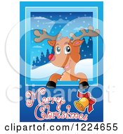 Clipart Of A Red Nosed Reindeer Over A Winter Landscape And Merry Christmas Greeting Royalty Free Vector Illustration