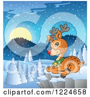 Clipart Of A Red Nosed Christmas Reindeer Resting On A Cliff Over A Winter Landscape Royalty Free Vector Illustration