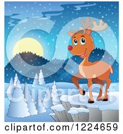 Poster, Art Print Of Red Nosed Christmas Reindeer On A Cliff Over A Winter Landscape