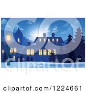 Clipart Of A Snowy Winter Village With Illuminated Windows Royalty Free Vector Illustration by visekart