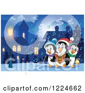 Poster, Art Print Of Penguins Singing Christmas Carols In A Village At Night