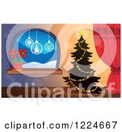 Clipart Of A Christmas Tree By A Window With A Poinsettia Plant Royalty Free Vector Illustration
