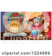 Poster, Art Print Of Granny With Pets And Children Around A Fireplace On Christmas Eve