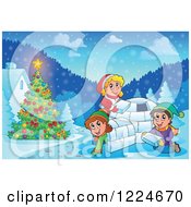 Poster, Art Print Of Happy Children Building An Igloo In The Snow By A Christmas Tree