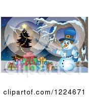 Poster, Art Print Of Snowman With Presents And A Christmas Tree In The Mountains