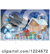 Poster, Art Print Of Snowman With Christmas Presents By A Log Cabin