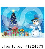 Poster, Art Print Of Snowman With Presents And A Christmas Tree In The Snow