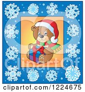 Poster, Art Print Of Christmas Teddy Bear In A Blue Snowflake Frame