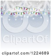 Poster, Art Print Of Snow Background Framed With Christmas Lights Sparkles And Flocked Christmas Tree Branches