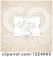 Clipart Of A Merry Christmas Greeting Frame Over Tan Snowflakes Flares And Stars Royalty Free Vector Illustration
