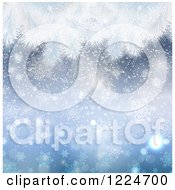 Poster, Art Print Of Blue Background With Flocked Christmas Tree Branches Stars And Snowflakes