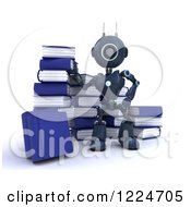Poster, Art Print Of 3d Blue Android Robot With Books